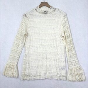 Worthington Lace Top Womens Large Mock Neck Bell Sleeve Romantic Coquette Boho